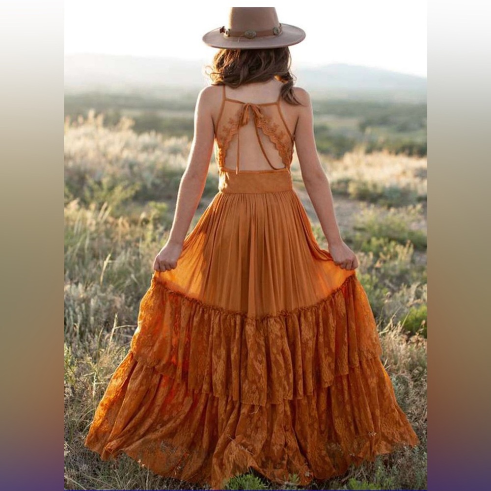 Bohemian Lace-Trim Maxi Dress in Rust
